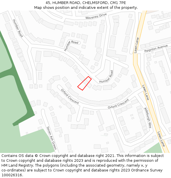 45, HUMBER ROAD, CHELMSFORD, CM1 7PE: Location map and indicative extent of plot