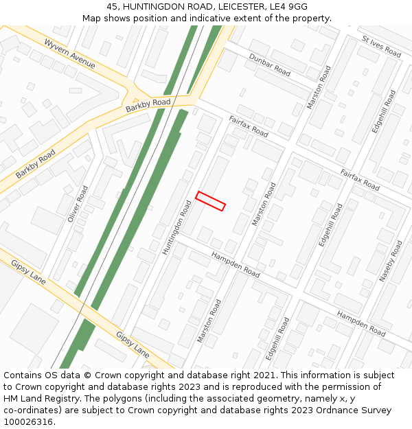 45, HUNTINGDON ROAD, LEICESTER, LE4 9GG: Location map and indicative extent of plot