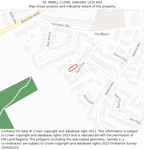 45, IRWELL CLOSE, OAKHAM, LE15 6SX: Location map and indicative extent of plot