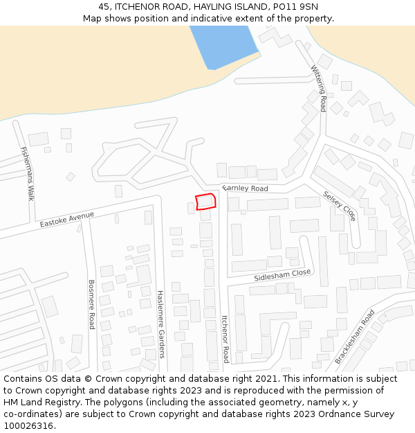 45, ITCHENOR ROAD, HAYLING ISLAND, PO11 9SN: Location map and indicative extent of plot