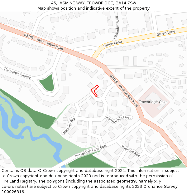 45, JASMINE WAY, TROWBRIDGE, BA14 7SW: Location map and indicative extent of plot