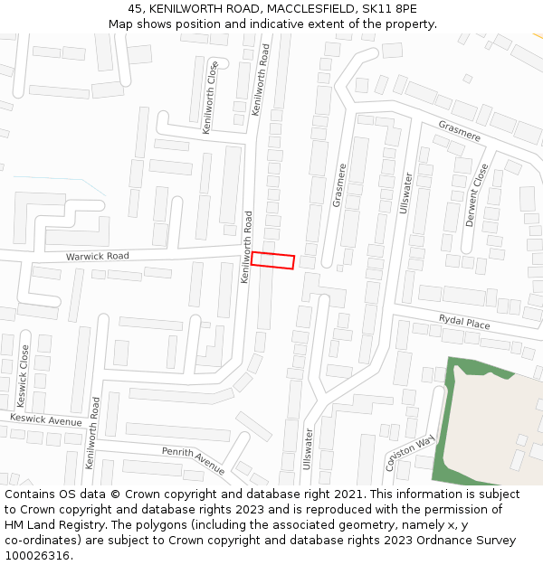 45, KENILWORTH ROAD, MACCLESFIELD, SK11 8PE: Location map and indicative extent of plot