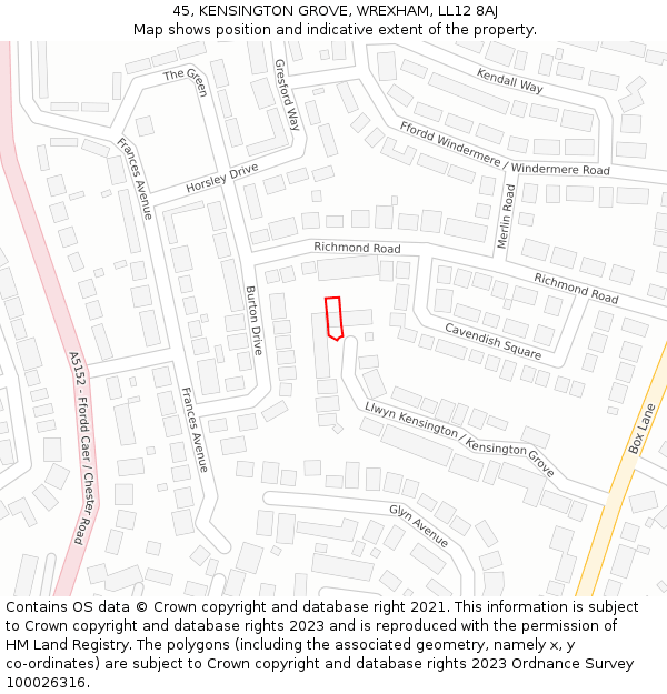 45, KENSINGTON GROVE, WREXHAM, LL12 8AJ: Location map and indicative extent of plot