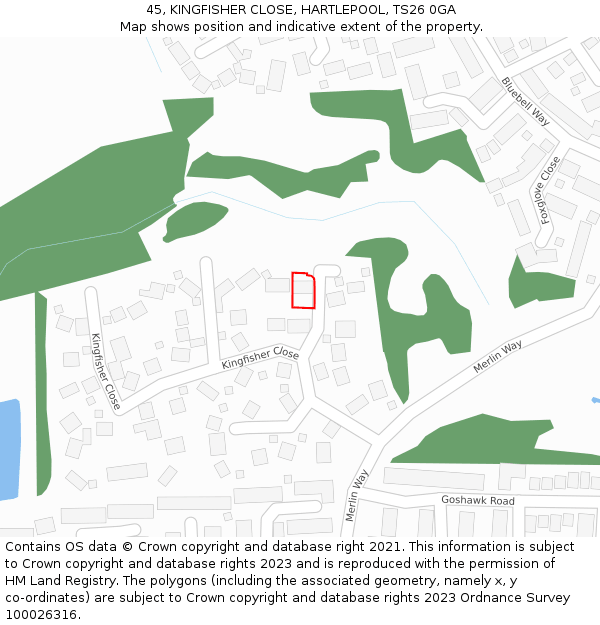 45, KINGFISHER CLOSE, HARTLEPOOL, TS26 0GA: Location map and indicative extent of plot