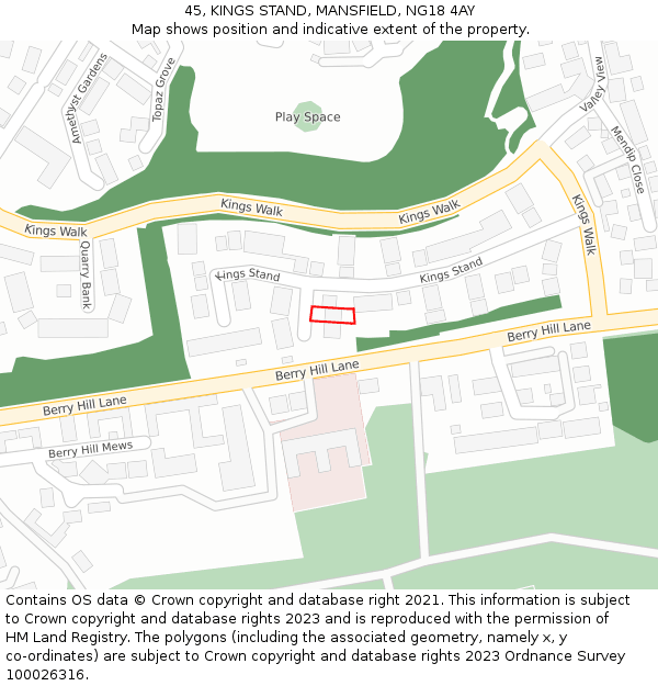 45, KINGS STAND, MANSFIELD, NG18 4AY: Location map and indicative extent of plot