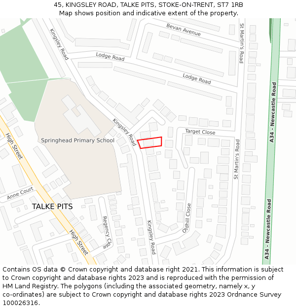 45, KINGSLEY ROAD, TALKE PITS, STOKE-ON-TRENT, ST7 1RB: Location map and indicative extent of plot