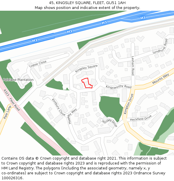 45, KINGSLEY SQUARE, FLEET, GU51 1AH: Location map and indicative extent of plot
