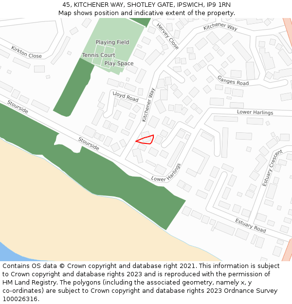 45, KITCHENER WAY, SHOTLEY GATE, IPSWICH, IP9 1RN: Location map and indicative extent of plot