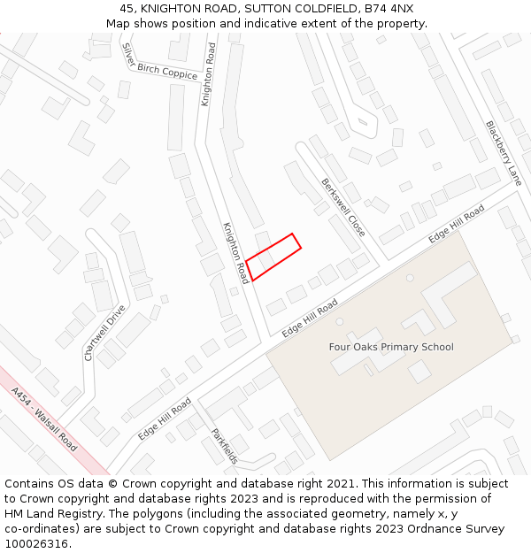 45, KNIGHTON ROAD, SUTTON COLDFIELD, B74 4NX: Location map and indicative extent of plot
