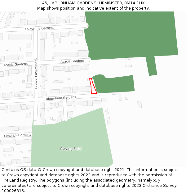 45, LABURNHAM GARDENS, UPMINSTER, RM14 1HX: Location map and indicative extent of plot