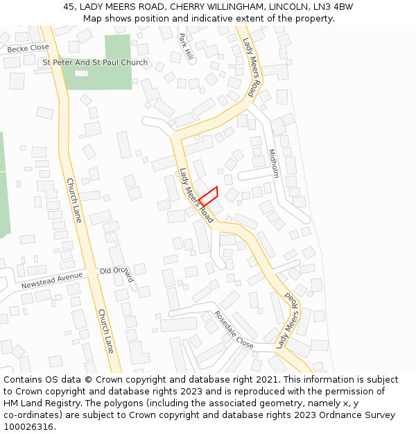 45, LADY MEERS ROAD, CHERRY WILLINGHAM, LINCOLN, LN3 4BW: Location map and indicative extent of plot