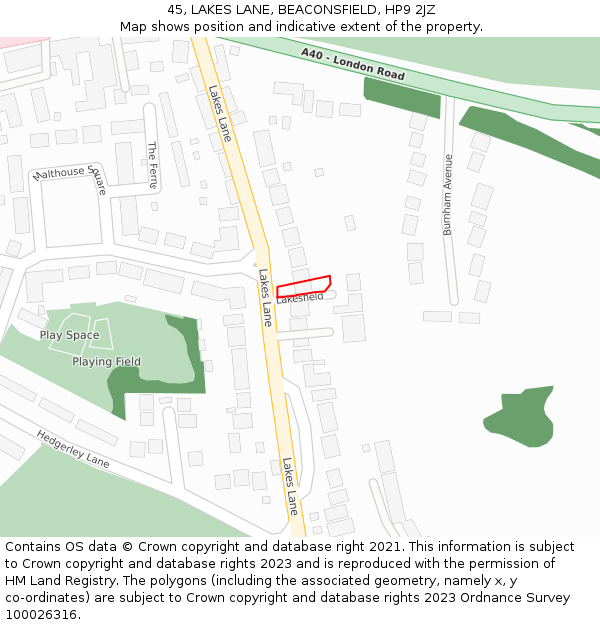 45, LAKES LANE, BEACONSFIELD, HP9 2JZ: Location map and indicative extent of plot