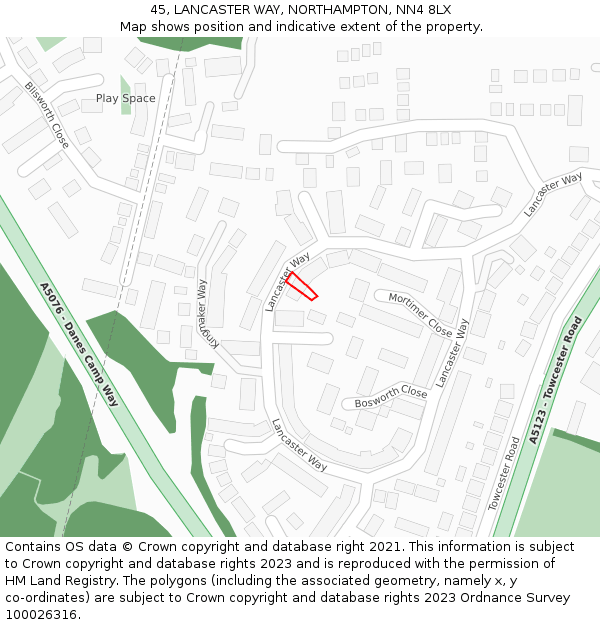 45, LANCASTER WAY, NORTHAMPTON, NN4 8LX: Location map and indicative extent of plot