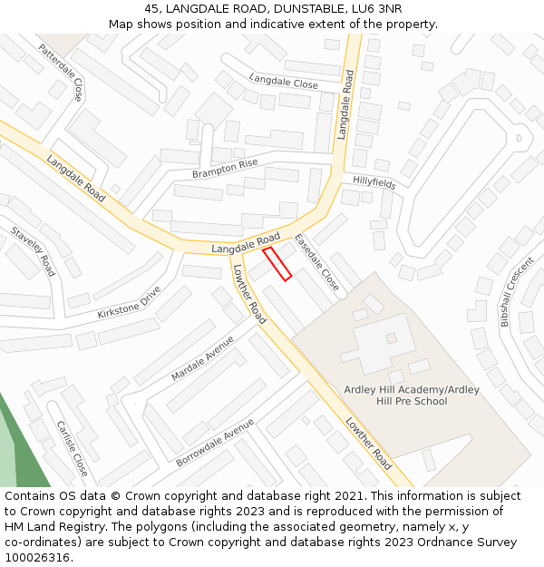 45, LANGDALE ROAD, DUNSTABLE, LU6 3NR: Location map and indicative extent of plot