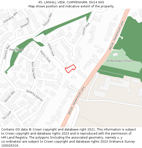 45, LANHILL VIEW, CHIPPENHAM, SN14 6XS: Location map and indicative extent of plot