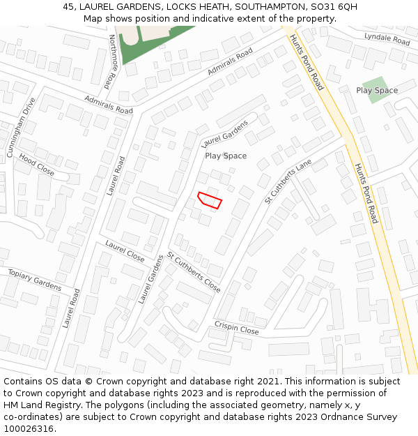 45, LAUREL GARDENS, LOCKS HEATH, SOUTHAMPTON, SO31 6QH: Location map and indicative extent of plot