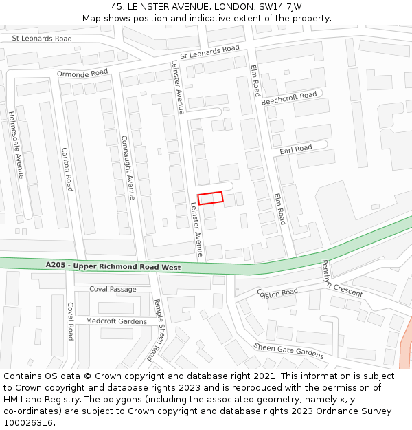 45, LEINSTER AVENUE, LONDON, SW14 7JW: Location map and indicative extent of plot