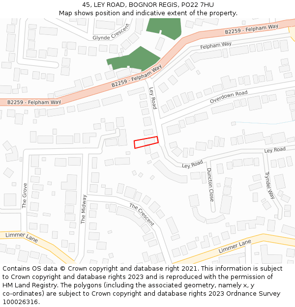 45, LEY ROAD, BOGNOR REGIS, PO22 7HU: Location map and indicative extent of plot