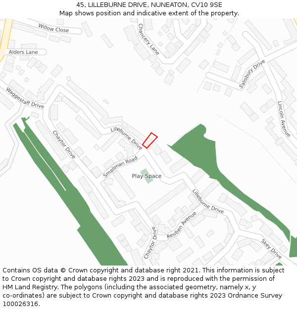 45, LILLEBURNE DRIVE, NUNEATON, CV10 9SE: Location map and indicative extent of plot