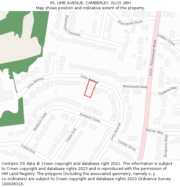45, LIME AVENUE, CAMBERLEY, GU15 2BH: Location map and indicative extent of plot