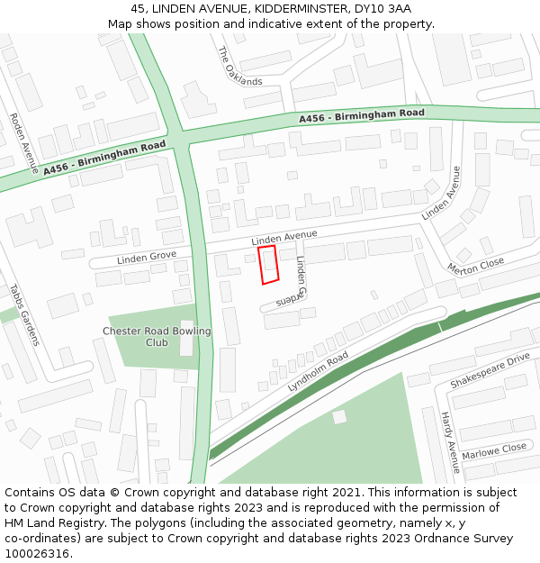 45, LINDEN AVENUE, KIDDERMINSTER, DY10 3AA: Location map and indicative extent of plot