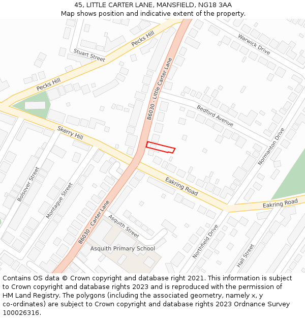 45, LITTLE CARTER LANE, MANSFIELD, NG18 3AA: Location map and indicative extent of plot