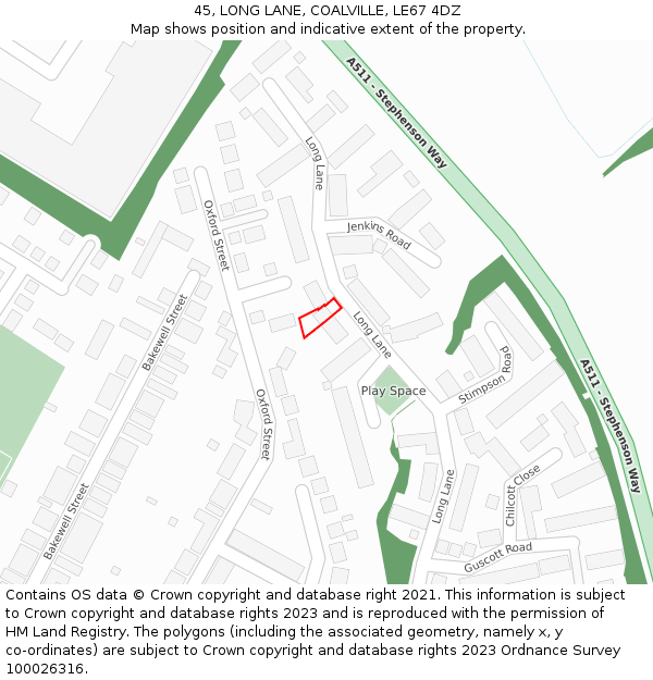 45, LONG LANE, COALVILLE, LE67 4DZ: Location map and indicative extent of plot