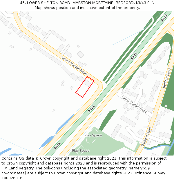 45, LOWER SHELTON ROAD, MARSTON MORETAINE, BEDFORD, MK43 0LN: Location map and indicative extent of plot