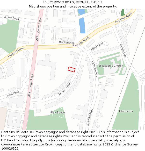 45, LYNWOOD ROAD, REDHILL, RH1 1JR: Location map and indicative extent of plot