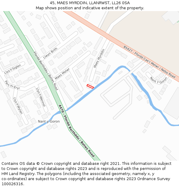 45, MAES MYRDDIN, LLANRWST, LL26 0SA: Location map and indicative extent of plot