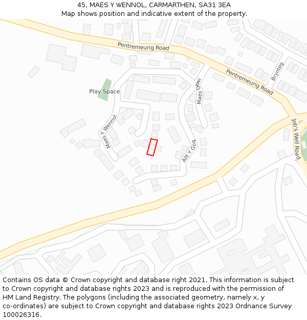 45, MAES Y WENNOL, CARMARTHEN, SA31 3EA: Location map and indicative extent of plot