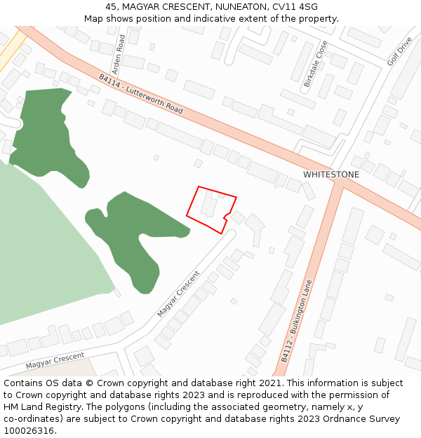 45, MAGYAR CRESCENT, NUNEATON, CV11 4SG: Location map and indicative extent of plot