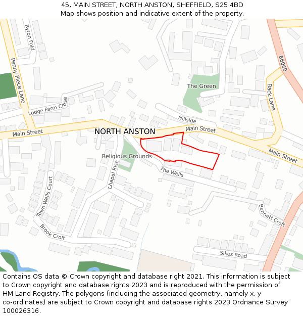 45, MAIN STREET, NORTH ANSTON, SHEFFIELD, S25 4BD: Location map and indicative extent of plot