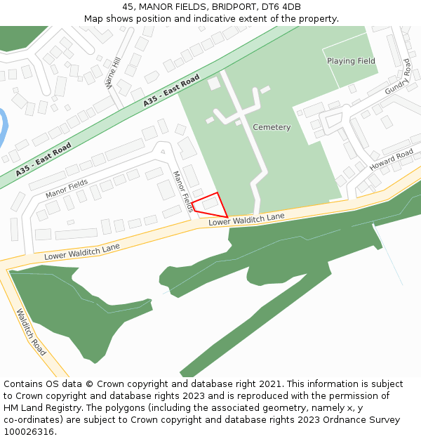 45, MANOR FIELDS, BRIDPORT, DT6 4DB: Location map and indicative extent of plot