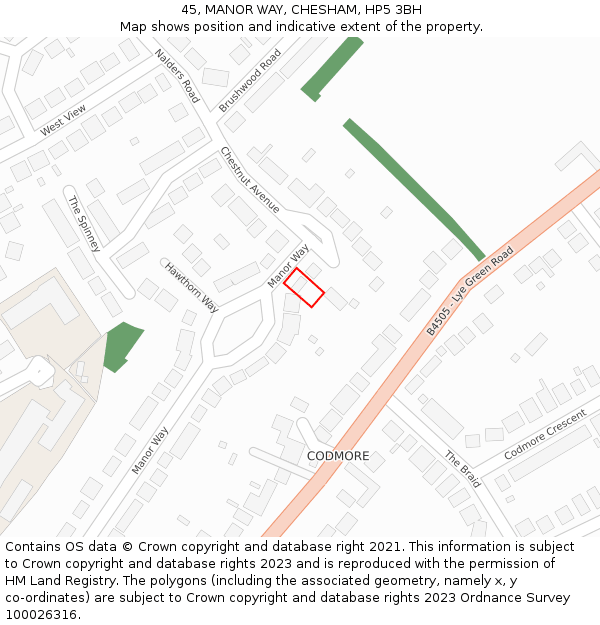 45, MANOR WAY, CHESHAM, HP5 3BH: Location map and indicative extent of plot