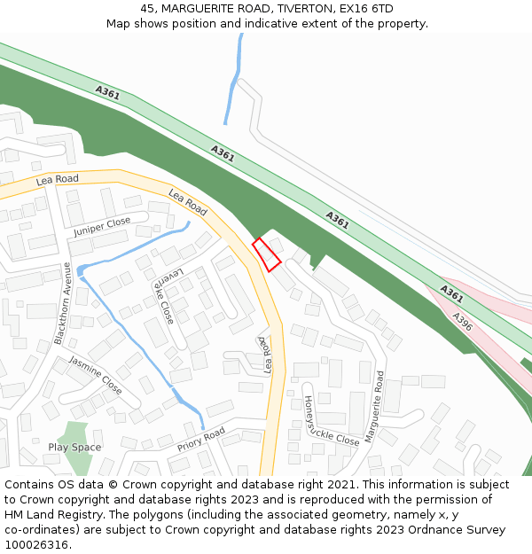 45, MARGUERITE ROAD, TIVERTON, EX16 6TD: Location map and indicative extent of plot