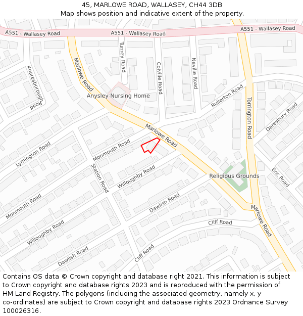 45, MARLOWE ROAD, WALLASEY, CH44 3DB: Location map and indicative extent of plot