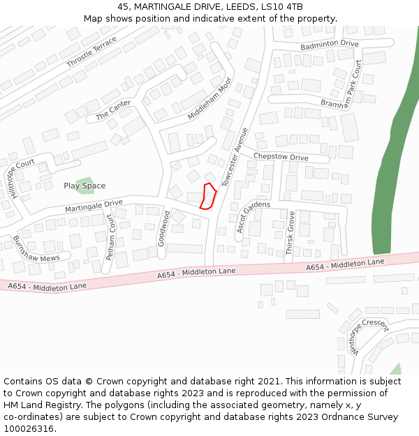 45, MARTINGALE DRIVE, LEEDS, LS10 4TB: Location map and indicative extent of plot