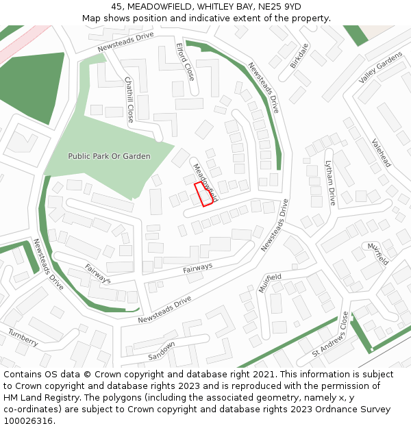 45, MEADOWFIELD, WHITLEY BAY, NE25 9YD: Location map and indicative extent of plot