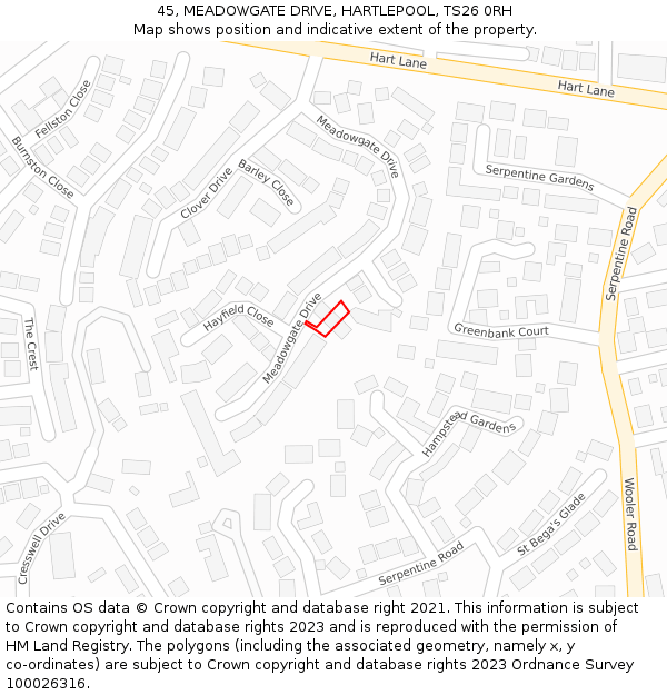 45, MEADOWGATE DRIVE, HARTLEPOOL, TS26 0RH: Location map and indicative extent of plot