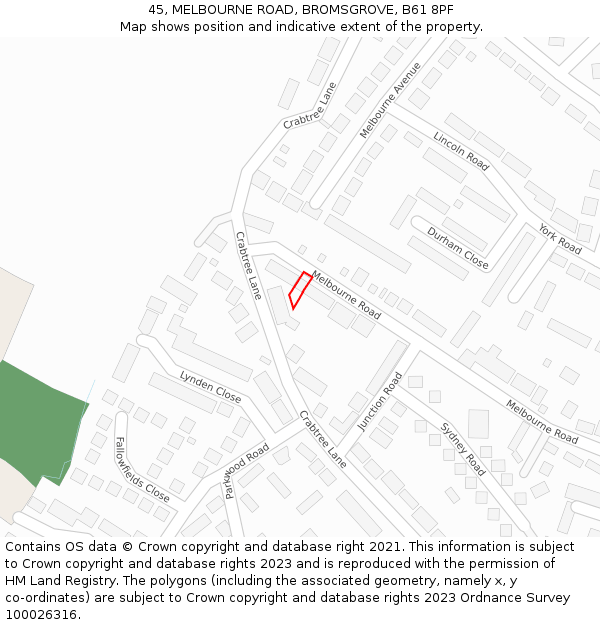 45, MELBOURNE ROAD, BROMSGROVE, B61 8PF: Location map and indicative extent of plot