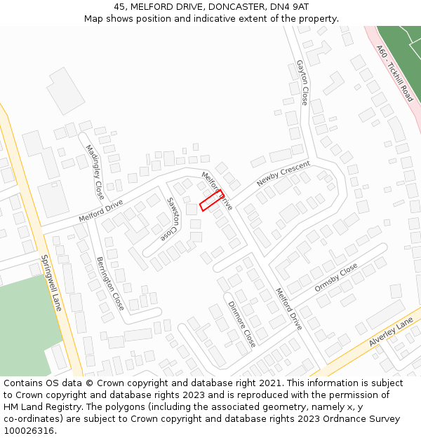 45, MELFORD DRIVE, DONCASTER, DN4 9AT: Location map and indicative extent of plot