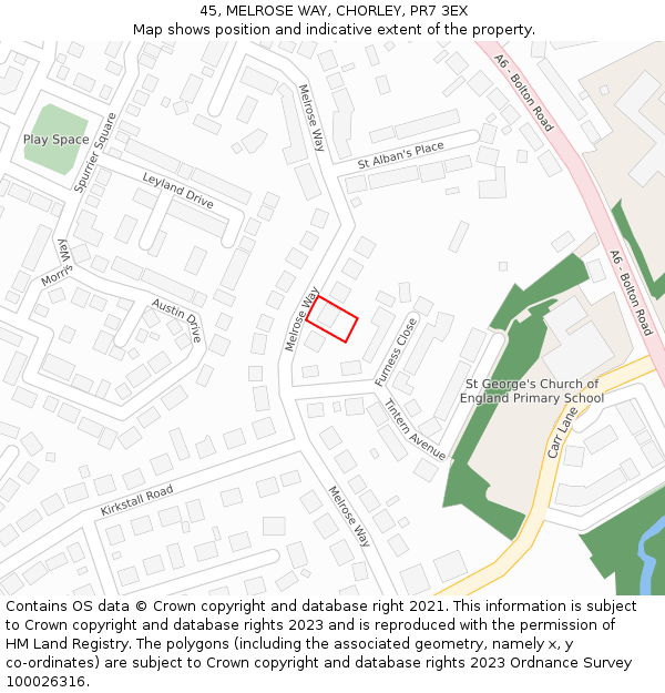 45, MELROSE WAY, CHORLEY, PR7 3EX: Location map and indicative extent of plot