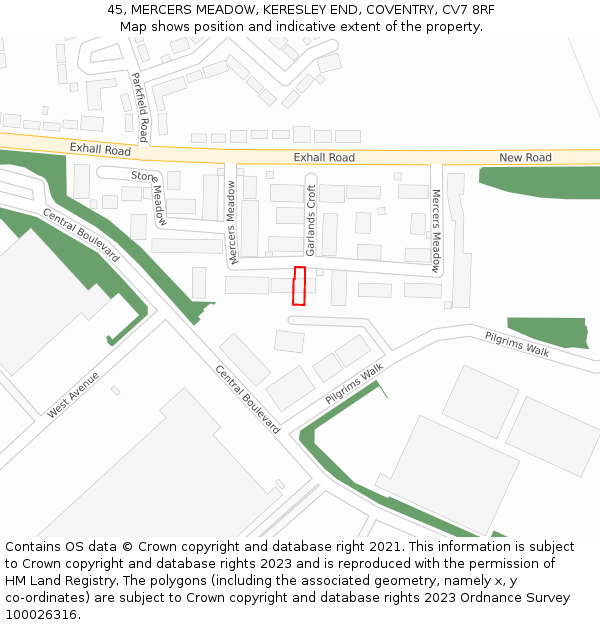 45, MERCERS MEADOW, KERESLEY END, COVENTRY, CV7 8RF: Location map and indicative extent of plot