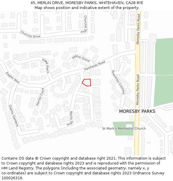 45, MERLIN DRIVE, MORESBY PARKS, WHITEHAVEN, CA28 8YE: Location map and indicative extent of plot