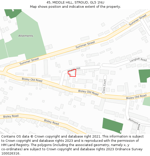 45, MIDDLE HILL, STROUD, GL5 1NU: Location map and indicative extent of plot