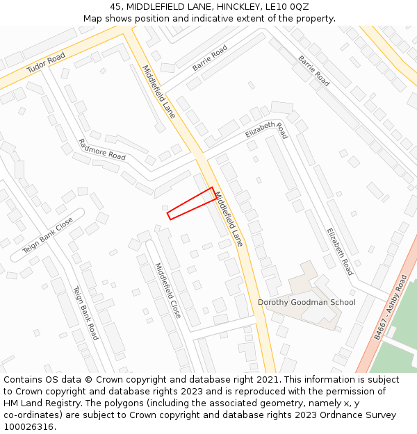 45, MIDDLEFIELD LANE, HINCKLEY, LE10 0QZ: Location map and indicative extent of plot