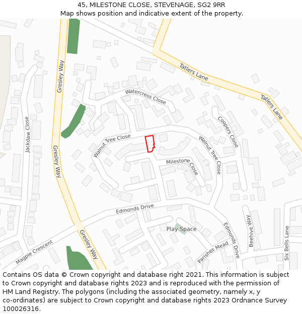 45, MILESTONE CLOSE, STEVENAGE, SG2 9RR: Location map and indicative extent of plot