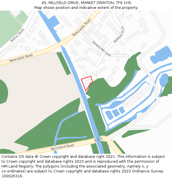 45, MILLFIELD DRIVE, MARKET DRAYTON, TF9 1HS: Location map and indicative extent of plot