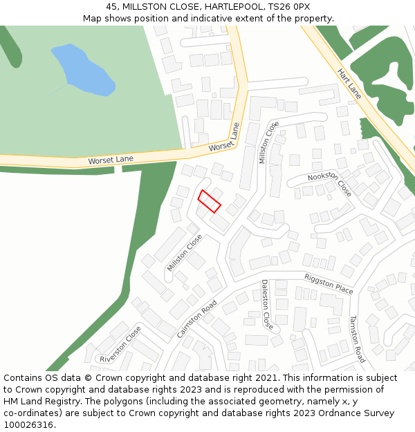 45, MILLSTON CLOSE, HARTLEPOOL, TS26 0PX: Location map and indicative extent of plot